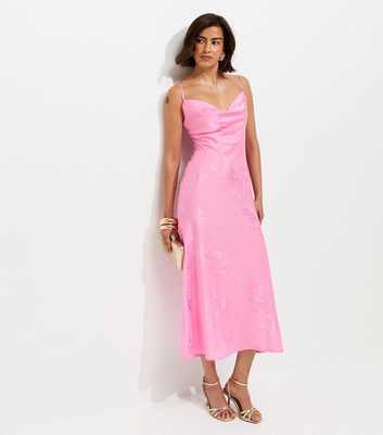 Bright Pink Floral Jacquard Cowl Neck Strappy Midi Dress