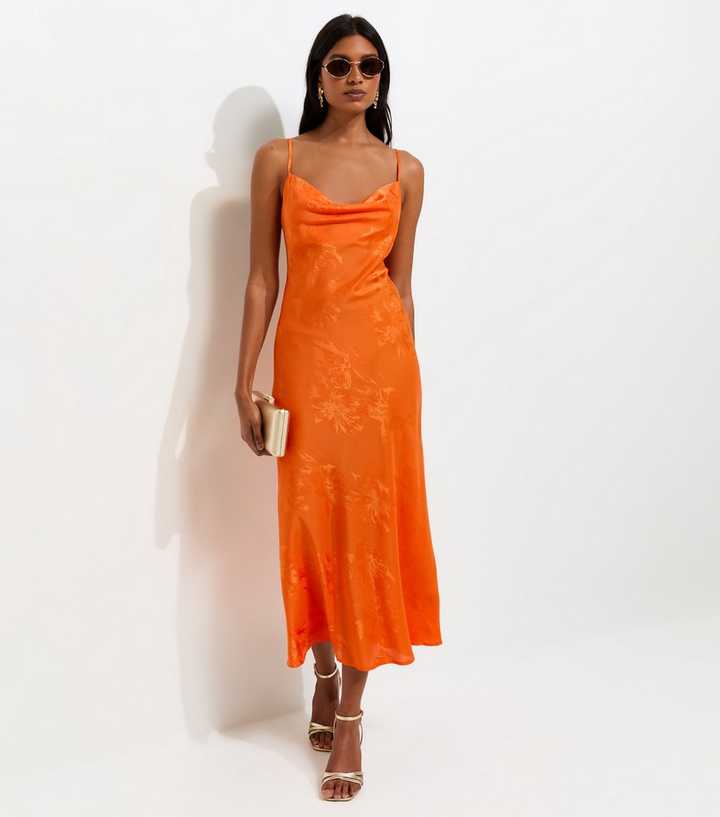 Bright Orange Floral Jacquard Cowl Neck Strappy Midi Dress