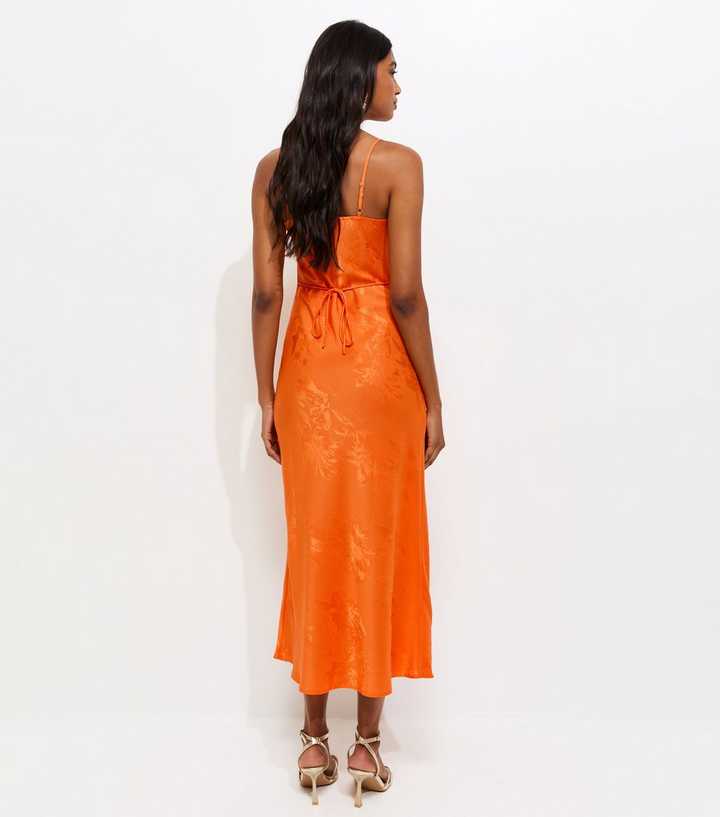 Bright Orange Floral Jacquard Cowl Neck Strappy Midi Dress | New Look Bright Orange Floral Jacquard Cowl Neck Strappy Midi Dress | New Look
