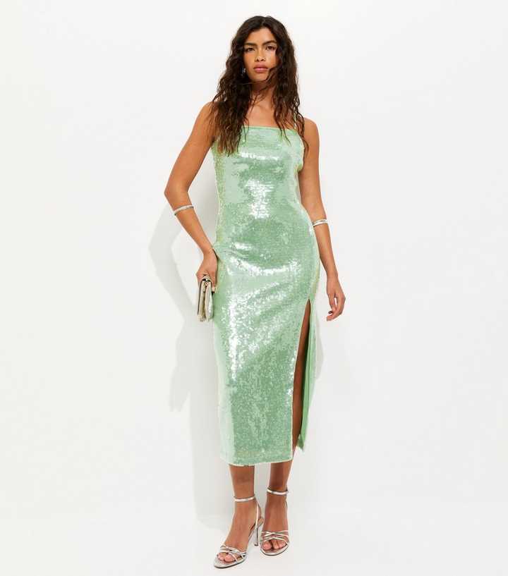 sequin green midi dress Nola Asymmetric Off Shoulder Sequins Midi Dress In Green main image 0