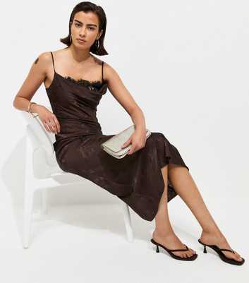 Dark Brown Lace Trim Floral Jacquard Strappy Midi Dress