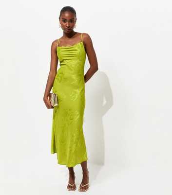 Light Green Lace Trim Floral Jacquard Strappy Midi Dress