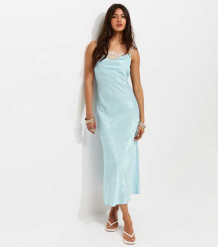 Light Blue Lace Trim Floral Jacquard Strappy Midi Dress