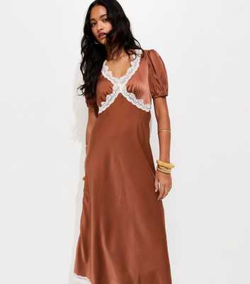 Brown Lace Trim Satin Tea Midi Dress