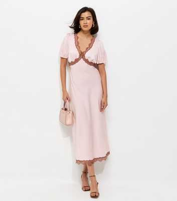 Light Pink Lace Trim Satin Tea Midi Dress
