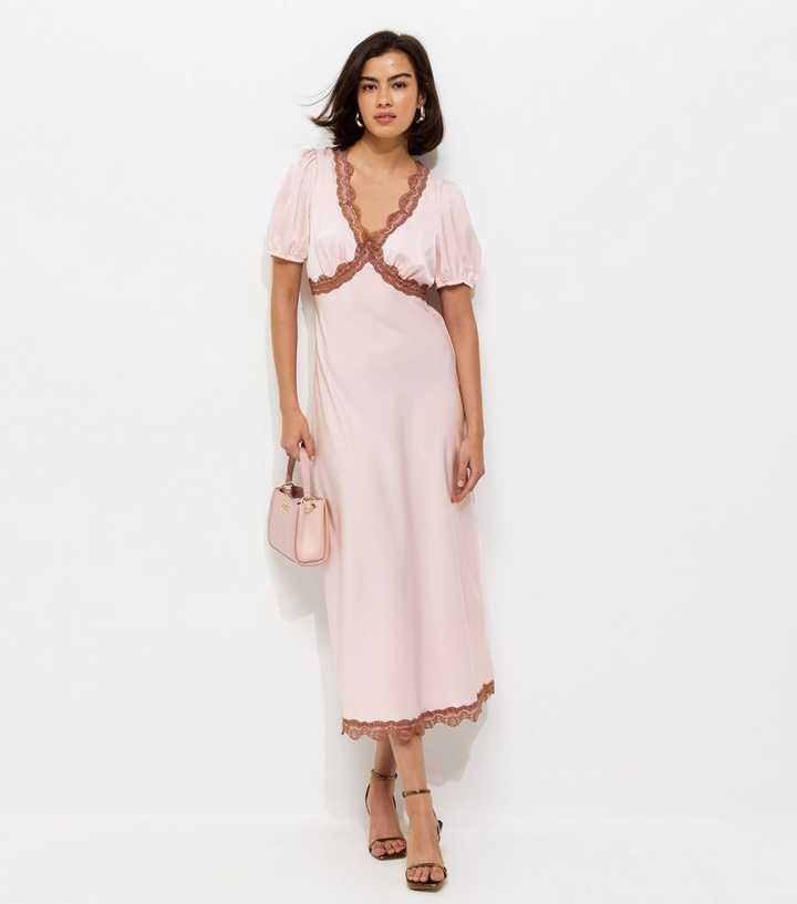 Light Pink Lace Trim Satin Tea Midi Dress