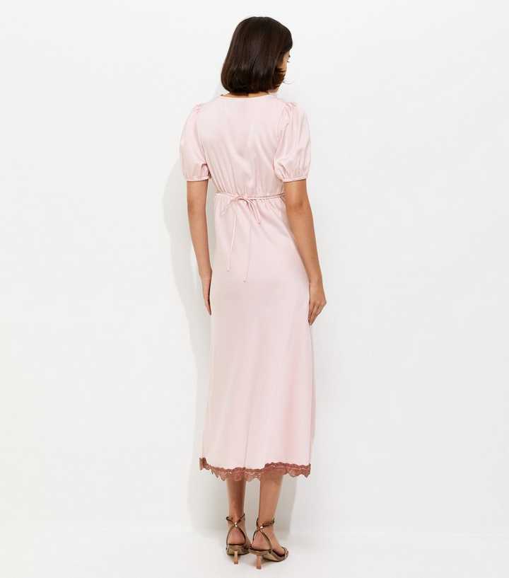 Light Pink Lace Trim Satin Tea Midi Dress | New Look