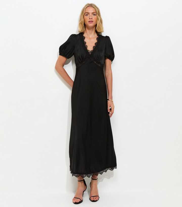 Black Satin Lace Trim Tea Midi Dress