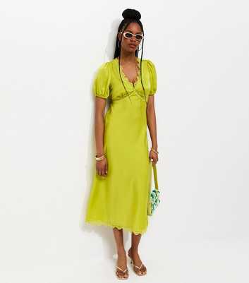 Light Green Satin Lace Trim Tea Midi Dress
