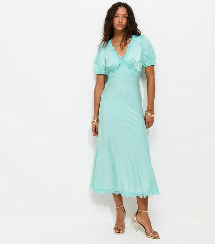 Light Blue Satin Lace Trim Tea Midi Dress