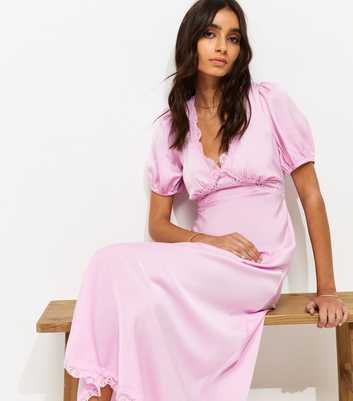 Lilac Satin Lace Trim Tea Midi Dress