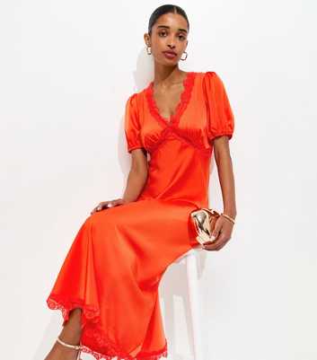 Red Satin Lace Trim Tea Midi Dress