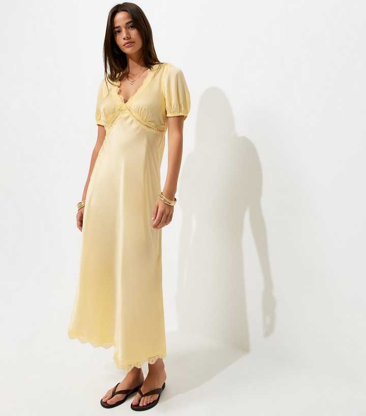 Light Yellow Satin Lace Trim Tea Midi Dress
