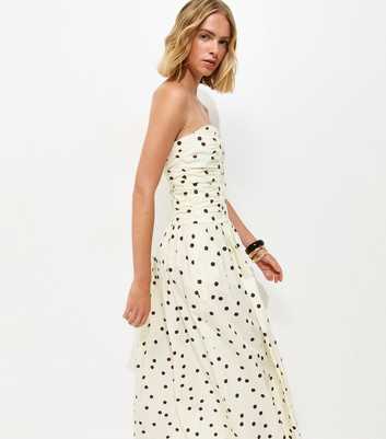 White Polka Dot Ruched Bandeau Midi Dress