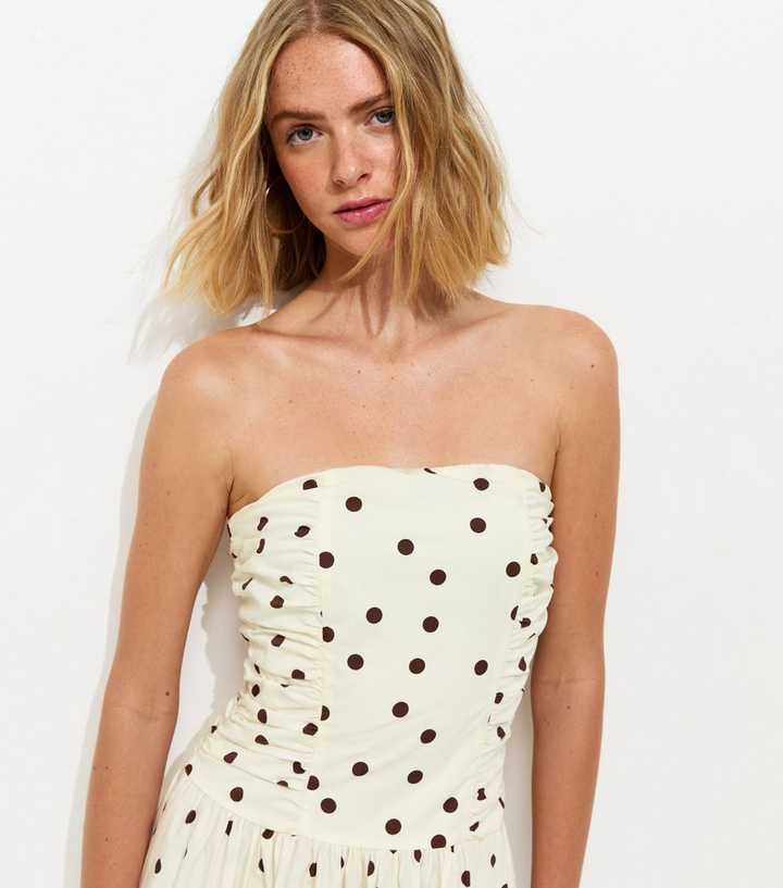 White Polka Dot Ruched Bandeau Midi Dress | New Look