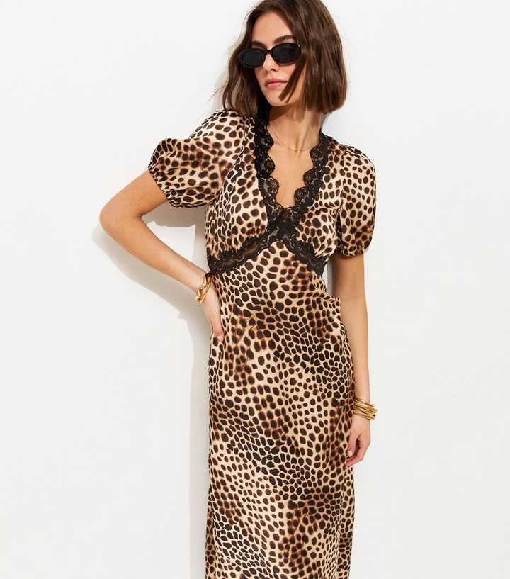 Brown Satin Leopard Print Tea Midi Dress | New Look