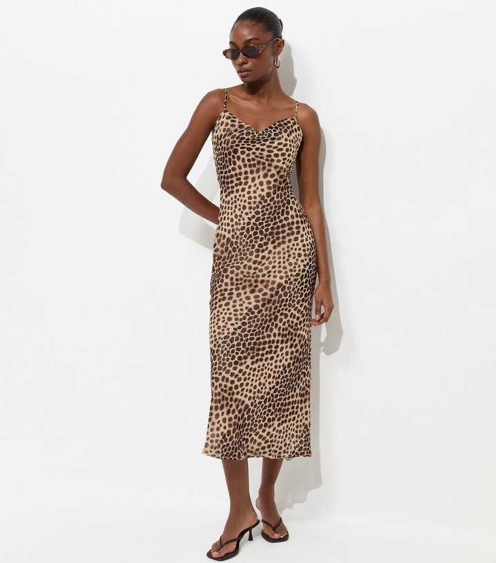 Brown Leopard Print Chiffon Strappy Midi Dress