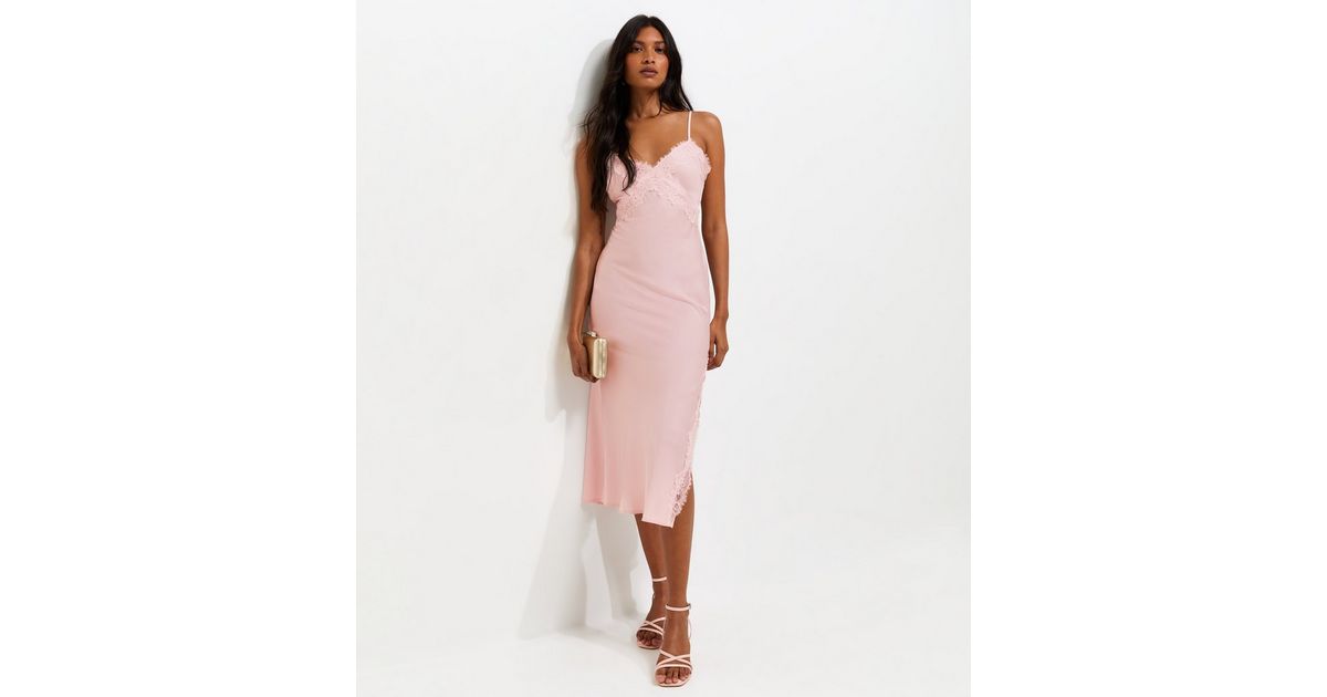 Pale Pink Satin Lace Trim Strappy Midi Dress | New Look