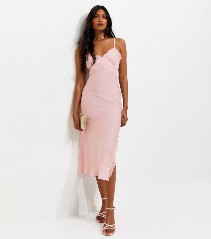Pale Pink Satin Lace Trim Strappy Midi Dress
