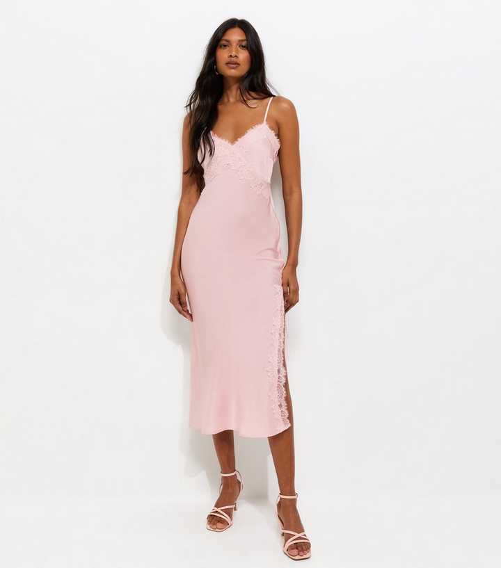 Pale Pink Satin Lace Trim Strappy Midi Dress