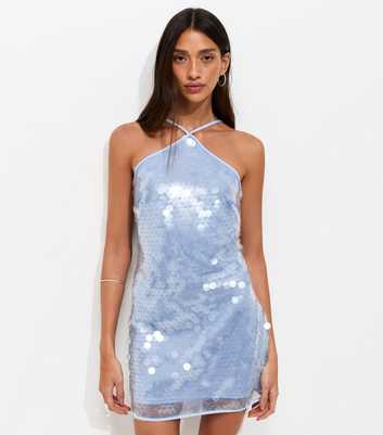 Blue Sequinned Halter Neck Mini Dress