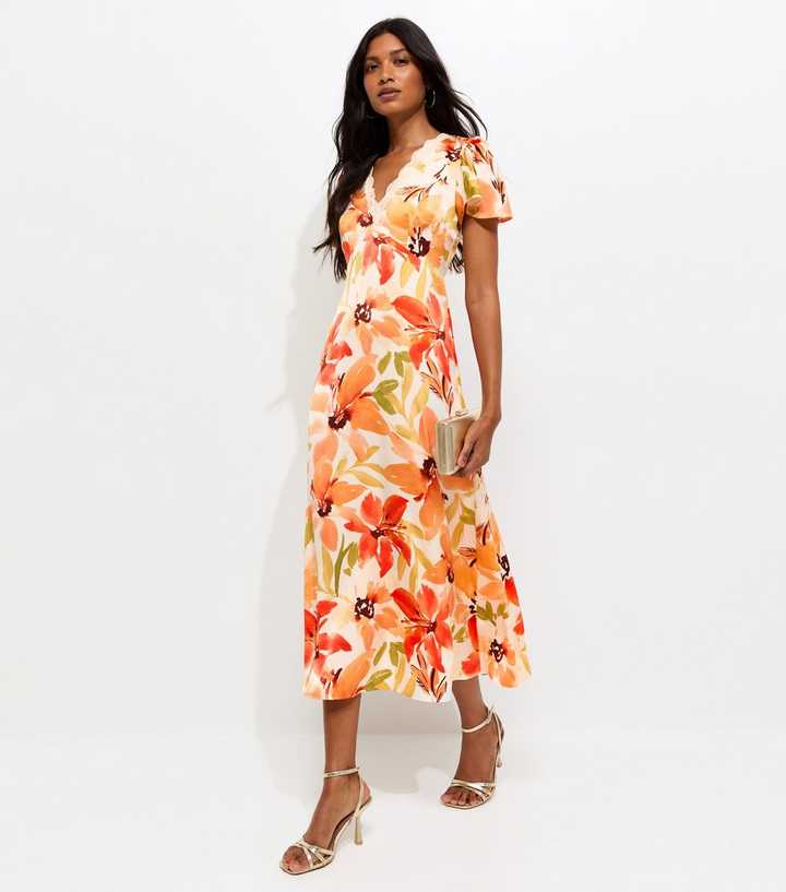 Orange Floral Watercolour Short Sleeve Midi Dress