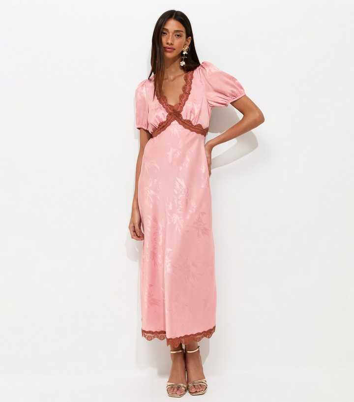 Pink Satin Jacquard Lace Trimmed Midi Dress