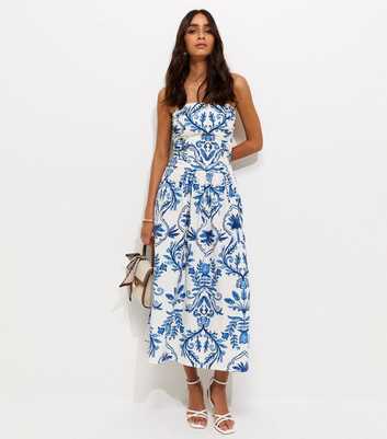 Blue Cotton Leaf Print Bandeau Midi Dress