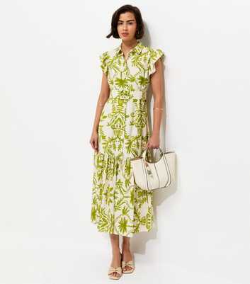 Green Lotus Print Belted Midi Shirt Dress