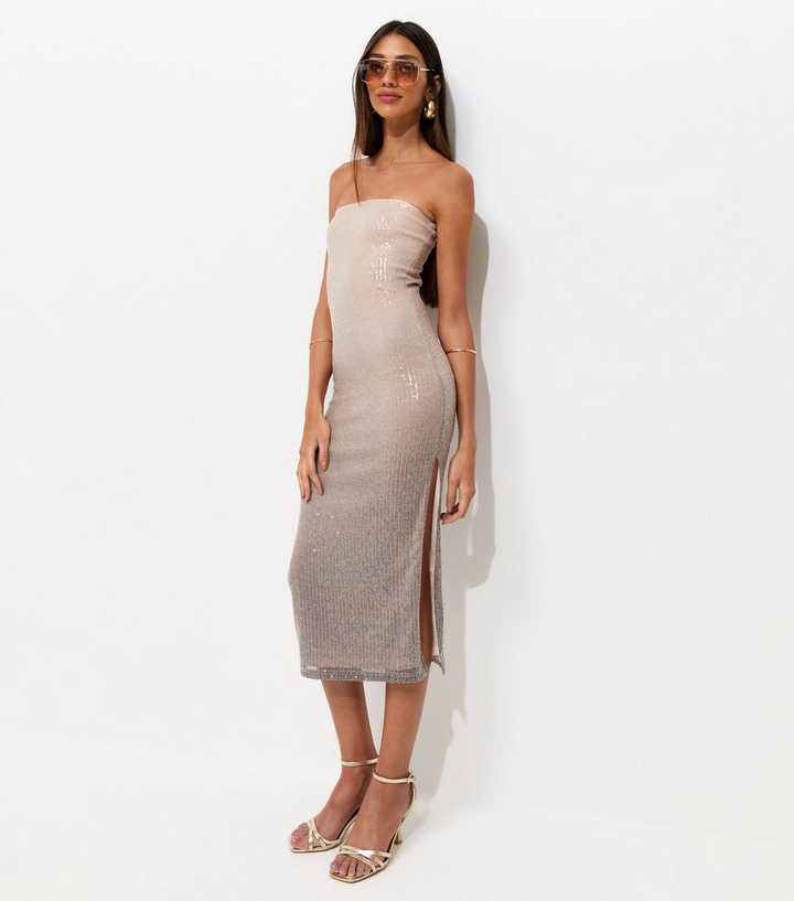 Mink Ombre Sequin Bandeau Side Slit Midi Dress