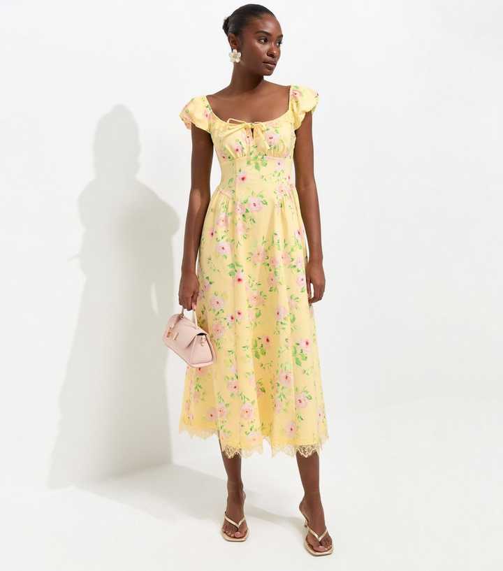 Yellow Painted Rose Print Milkmaid Midi Dress