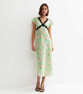 Light Green Blur Floral Lace Trim Midi Dress