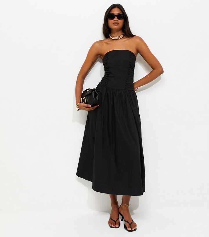 Black Cotton Ruched Bandeau Midi Dress