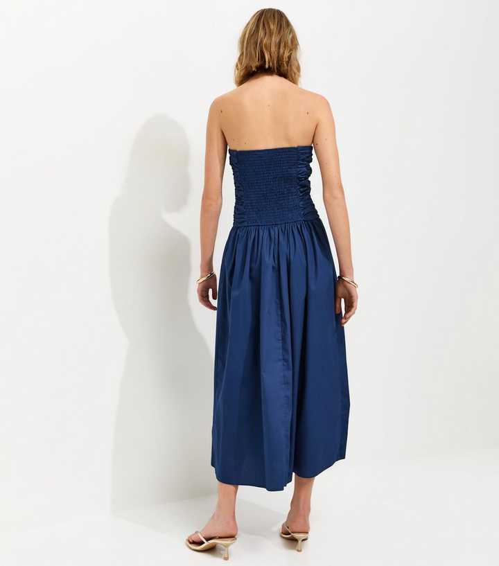Navy Cotton Ruched Bandeau Midi Dress | New Look