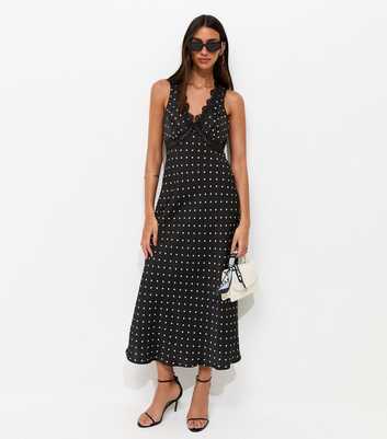 Black Satin Polka Dot Sleeveless Midi Dress