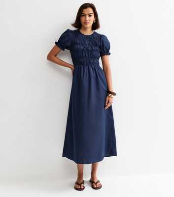 Navy Shirred Poplin Midi Dress