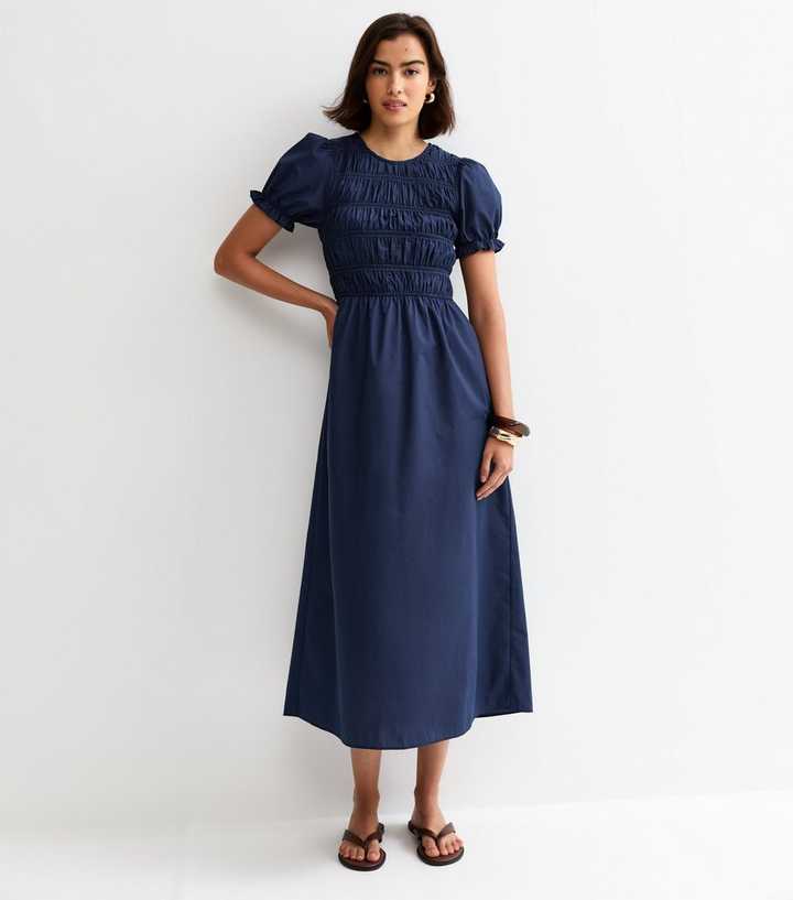 Navy Shirred Poplin Midi Dress