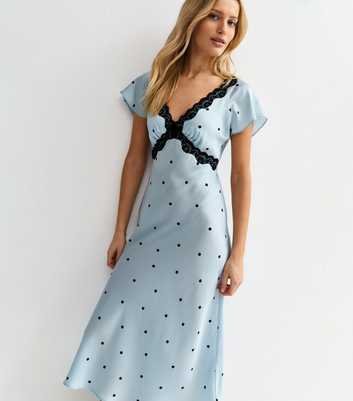 Blue Satin Polka Dot Lace Trim Midi Dress