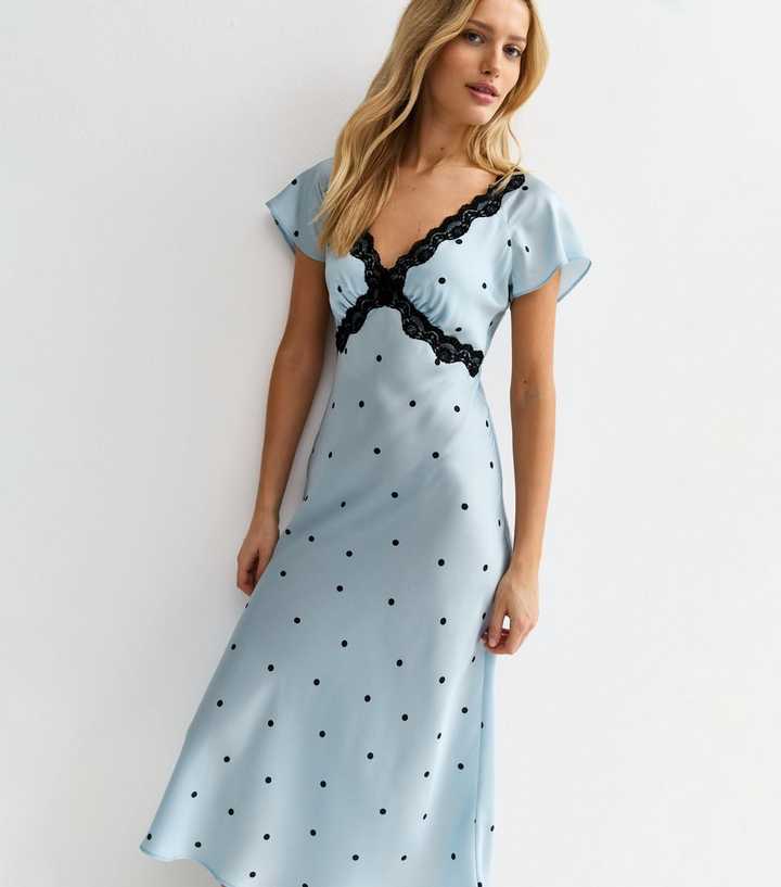 Blue Satin Polka Dot Lace Trim Midi Dress