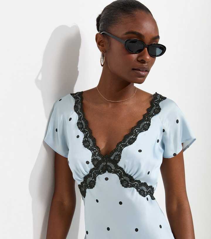 blue satin polka dot dress Polka Dot Satin Midi Dress by Self Portrait