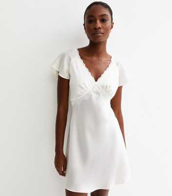 White Satin Lace Trimmed Mini Dress