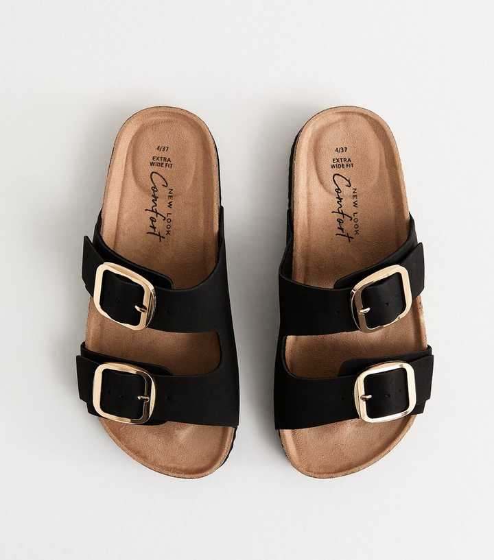 Extra Wide Fit Black Cork Sole Double Strap Mule Sandals