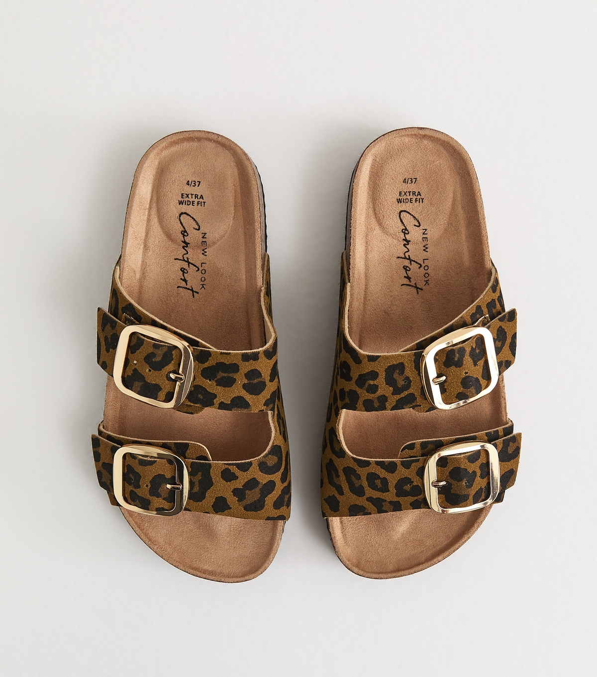 Women's Extra Wide Fit Brown Leopard Print Cork Sole Double Strap Mule Sandals Vegan New Look