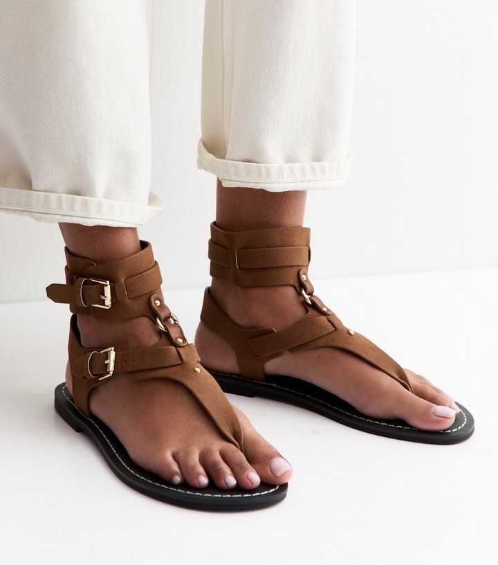 Tan Faux Leather Detachable Cuff Flat Sandals