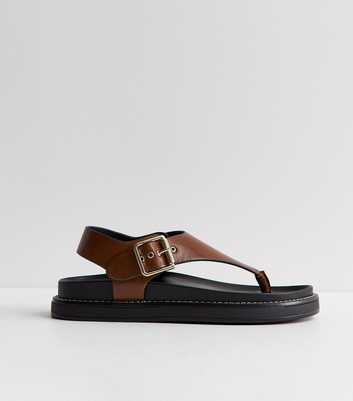 Tan Faux Leather Toe Post Chunky Flat Sandals