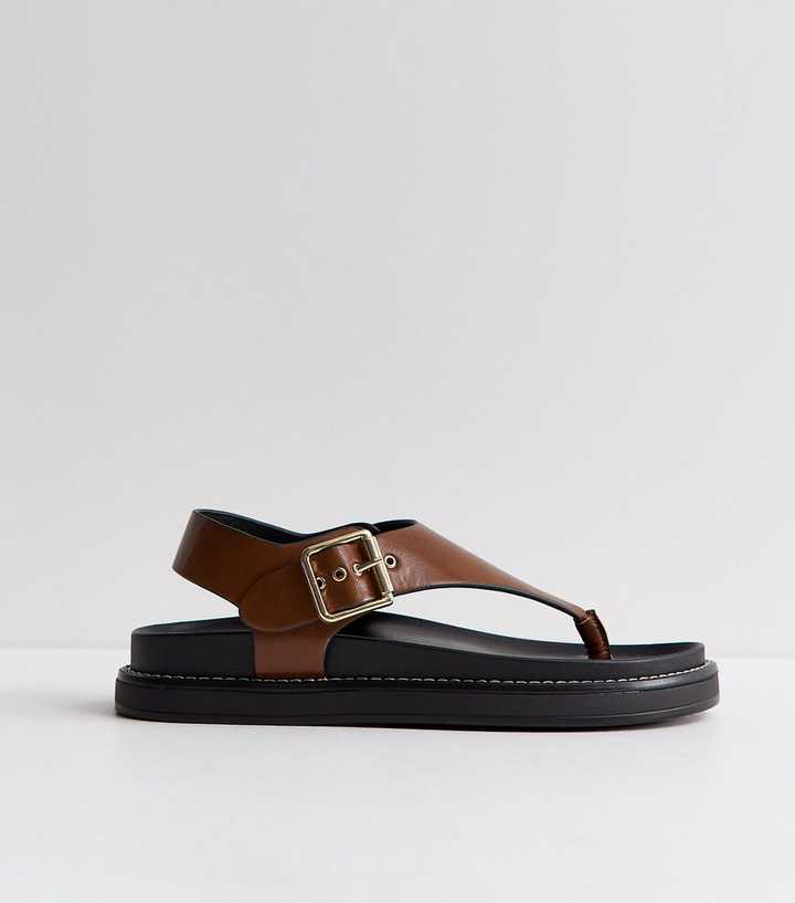 Tan Faux Leather Toe Post Chunky Flat Sandals