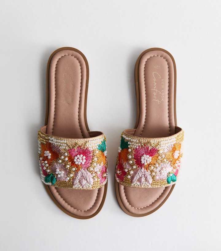 Multicolour Faux Leather Floral Embellished Strap Sandals