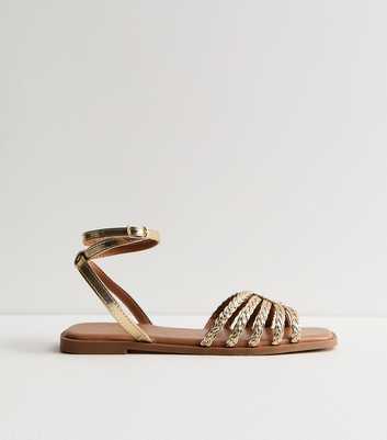 Gold Plaited Strap Flat Sandals