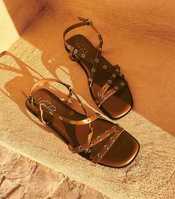 Tan Faux Leather Eyelet Embellished Multi Strap Flat Sandals