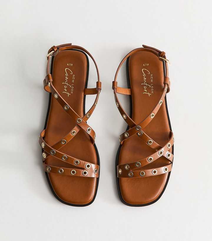 Tan Faux Leather Eyelet Embellished Multi Strap Flat Sandals